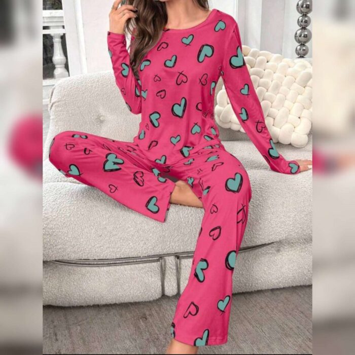 Shocking Pink With Green Hearts Print Half Sleeves T-shirt With Hearts Printed Trouser Suit