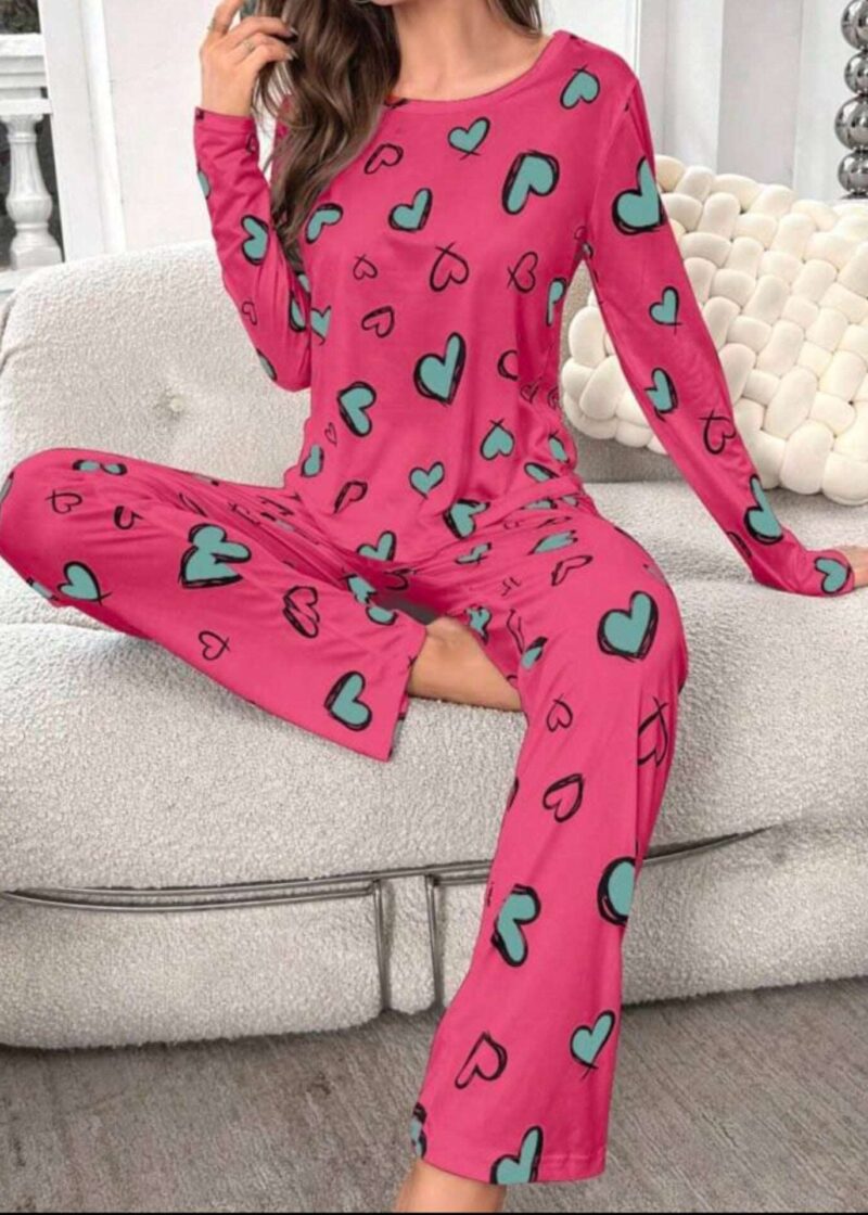 Shocking Pink With Green Hearts Print Half Sleeves T-shirt With Hearts Printed Trouser Suit