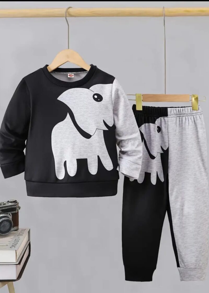 Featured image for ‘Stylish Grey & Black Elephant Printed Sweatshirt With Trouser Tracksuit Set For Kids’