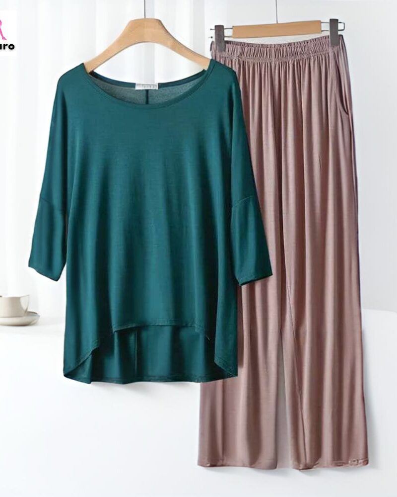 Featured image for ‘Sea Green T Shirt with Contrast Mustard Plazzo’