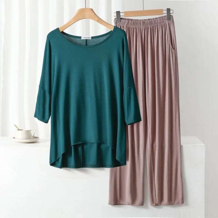 Sea Green T Shirt with Contrast Mustard Plazzo - Image 3
