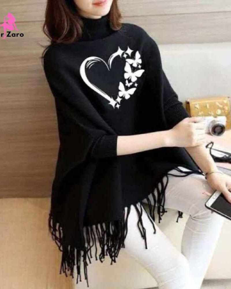 Stylish Black Printed Poncho for Girls
