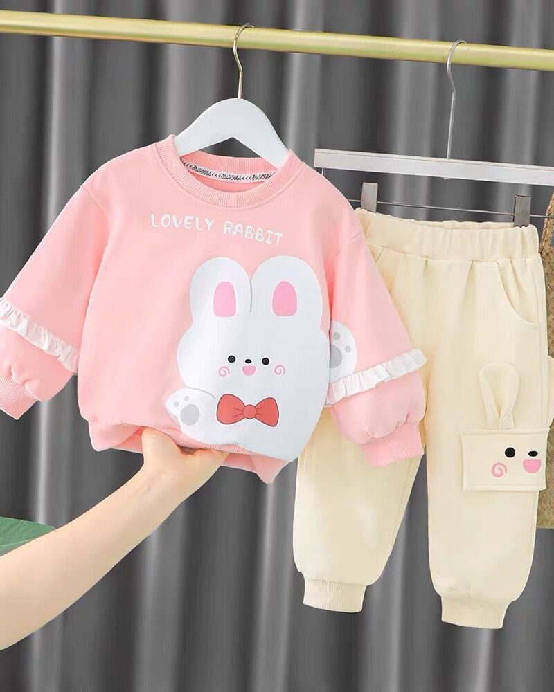 Featured image for ‘Tea Pink Lovely Rabbit Print Sweatshirt With Trouser For Kids Baby & Baba Both’