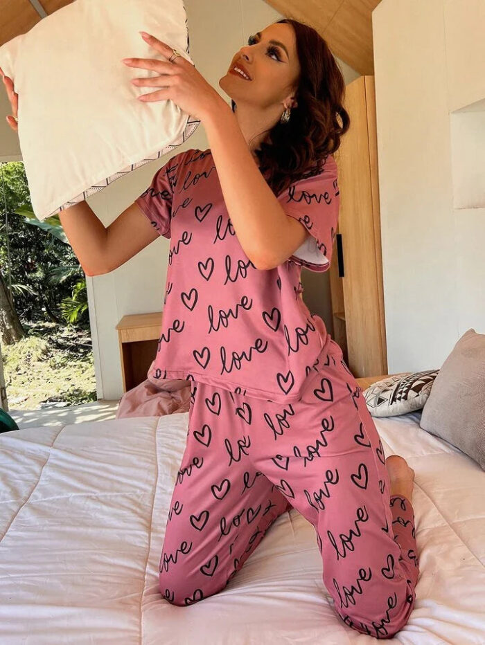 T-Pink Love Heart Tee with Printed Love Trouser Night Suit PJ Set - Image 3