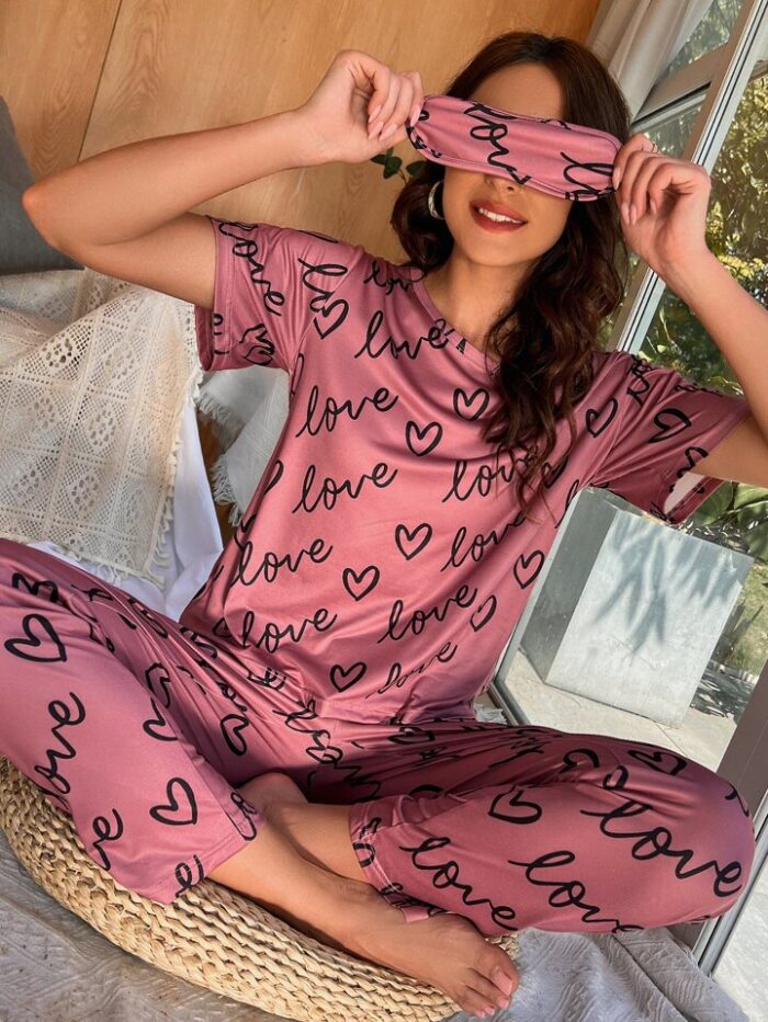 T-Pink Love Heart Tee with Printed Love Trouser Night Suit PJ Set - Image 2