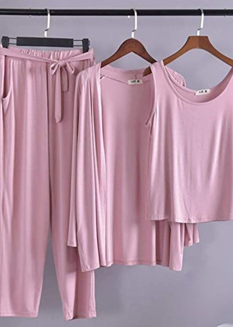 Tea Pink Long Sleeve Gown with Sleeveless Inner Women Night Suit PJ Set 3 Pieces