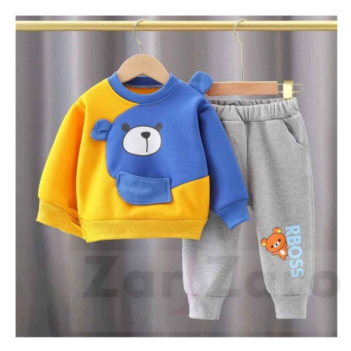 Trending Cute Yellow With Blue Bear Sweatshirt With Trouser For Kids Baby & Baba Both - Image 2