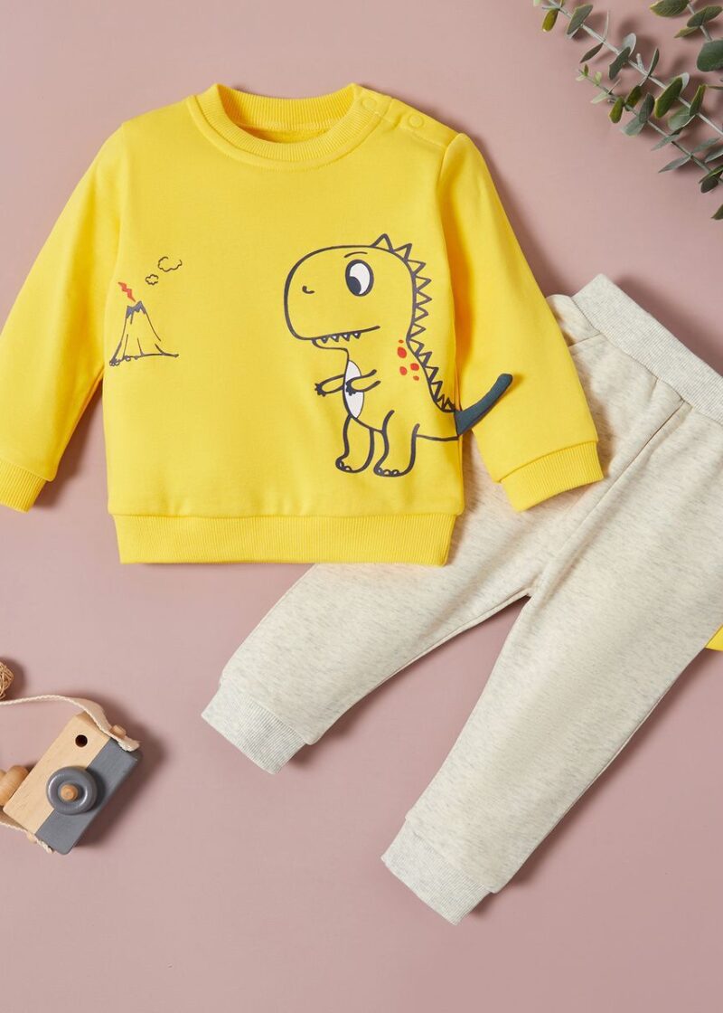 Yellow Dino Print Sweatshirt With Trouser For Kids Baby & Baba Both