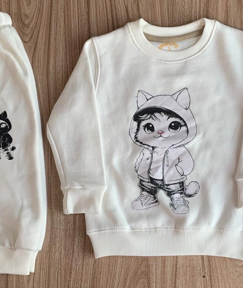 Featured image for ‘White Cute Kitty Print Sweatshirt With Trouser Tracksuit For Kids Baby & Baba Both’