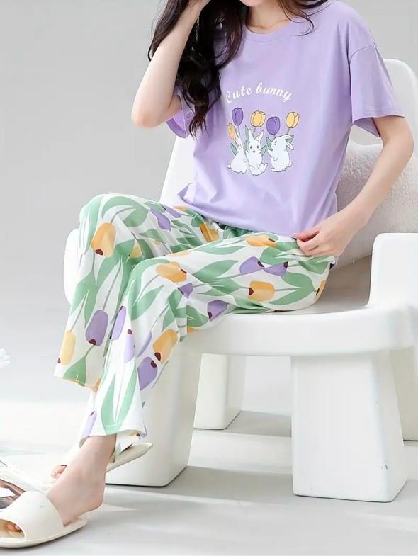 Lilac bunny Printed Half Sleeves Night Suit Lilac bunny Printed Half Sleeves Night Suit